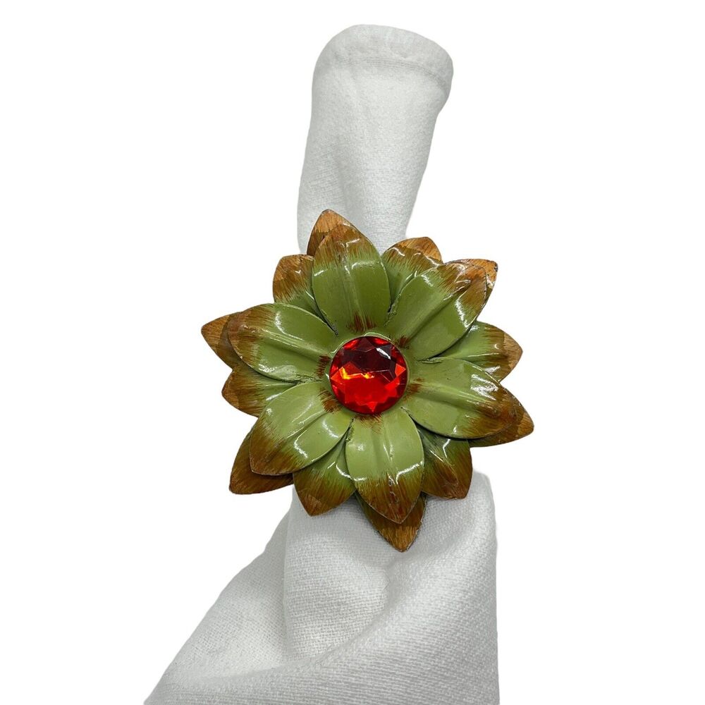 Pier 1 Metal Floral Sunflower Napkin Ring Holders Green w Red Center 3" Lot of 4